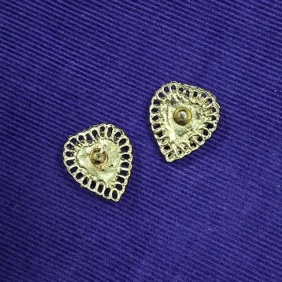 Vintage Porcelain Rose Hearts Earrings With Gold Tone Filigree Settings Pierced - Picture 2 of 11